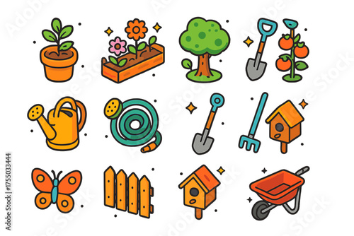 Garden Icon Collection. Garden Life. Colorful isometric vector icons set of garden life: potted plant, flower bed, tree, tomato plant, watering can, garden