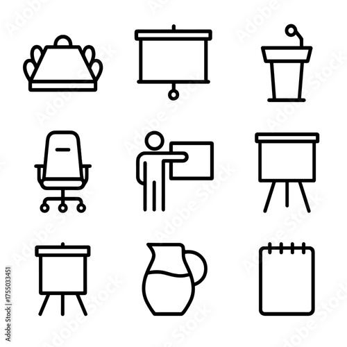 Boardroom Icon Set. Outline icon set of boardroom meeting: conference table, projector screen, podium, executive chair,