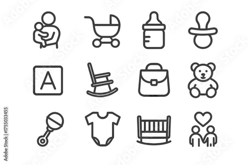 Parent-Child Icon Set. Parent-child bonding. Line icon set of Parent-child bonding: parent holding child, stroller, baby bottle, pacifier, toy block, rocking