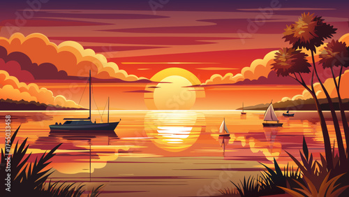 Very beautiful sunset over Mobile Bay, Alabama, where the golden sun dips below the horizon, reflecting warm orange and pink hues across calm coastal waters and gentle silhouettes of boats.