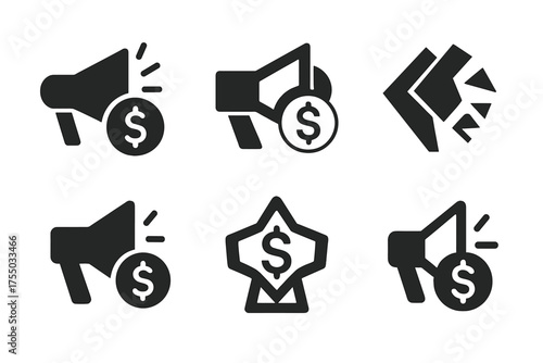 Minimum Wage Logos. Minimum wage laws. Set Logo of Minimum wage laws: Megaphone and dollar. harmonious logo variations of the same emblematic concept, each