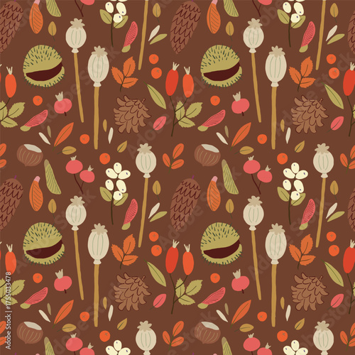 Seamless pattern with hand drawn fallen leaves, poppy seed heads, rose hips, berries, maple seed pods, pine cone, chestnuts. Bright autumn tiling background, textile, wrapping paper. Fall wallpaper.