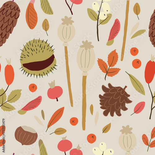 Seamless pattern with hand drawn fallen leaves, poppy seed heads, rose hips, berries, maple seed pods, pine cone, chestnuts. Bright autumn tiling background, textile, wrapping paper. Fall wallpaper.