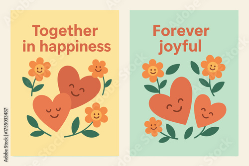 Together in Happiness. Together in happiness. Two vertical A6 banners with safe margins, centered composition, no elements touching edges, flat vector design,