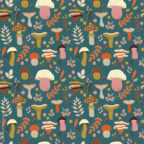 Cute seamless pattern with colourful hand drawn mushrooms, fallen leaves and wild forest berries. Bright autumn tiling background, textile, wrapping paper. Cozy fall wallpaper.