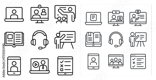 Education and e-learning outline icons set – virtual, online, teaching graphics