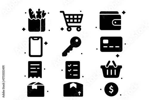 Shopping Icons Grid. Shopping & Errands. Solid icons set of Shopping & Errands: Grocery Bag, Shopping Cart, Wallet, Mobile Phone, Key, Credit Card, Receipt,
