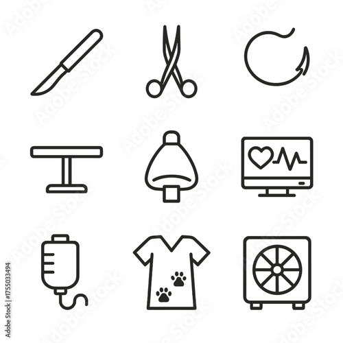 Animal Surgery Icons. Outline icon set of animal surgical procedures: scalpel, forceps, suture needle, operating table, anesthesia