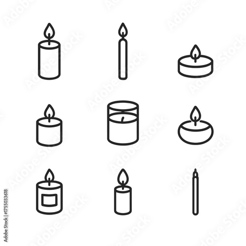 Candle Icon Variety. Outline icon set of candle types: pillar, taper, tealight, votive, jar, floating, scented, LED, stick. Line