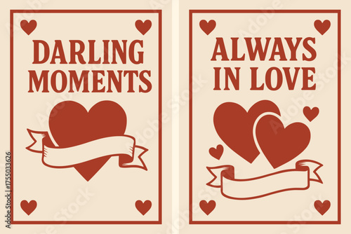 Retro Love Banners. Darling moments. Two vertical A6 banners with safe margins, centered composition, no elements touching edges, retro, red and beige, hearts