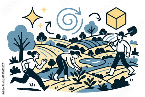Futuristic Sustainable Farms. Future farms. Glowing aerial scene of diversified fields with trees, ponds, and crops integrated. Floating icons of sparkle,