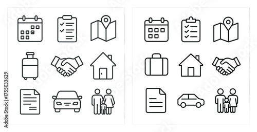 Real estate and travel outline icons set – vector, linear, property and journey graphics