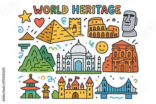 World Heritage Doodles. World Heritage. Colorful Hand-drawn doodle Children illustration pyramid, great wall, colosseum, taj mahal, machu picchu, petra, star,