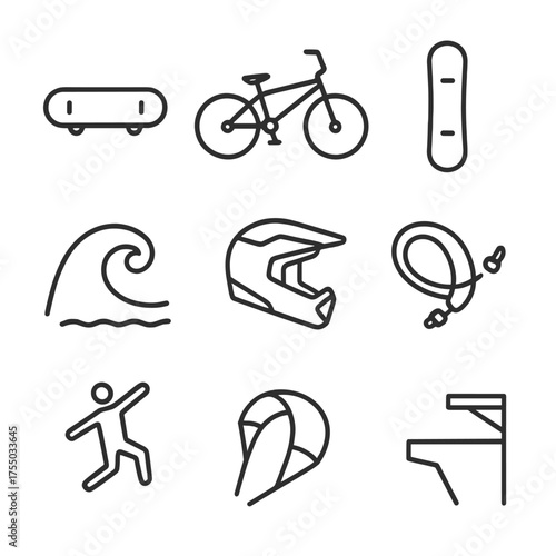 Extreme Sports Icons. Outline icon set of modern extreme sports milestones: skateboarding deck, BMX bike, snowboarding board,