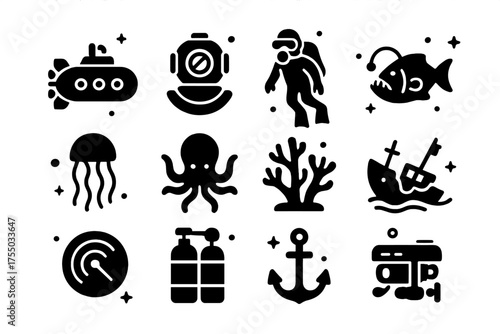 Deep Sea Icons. Deep sea exploration. Solid icons set of Deep sea exploration: submarine, diving helmet, diver, deep sea fish, jellyfish, octopus, coral,
