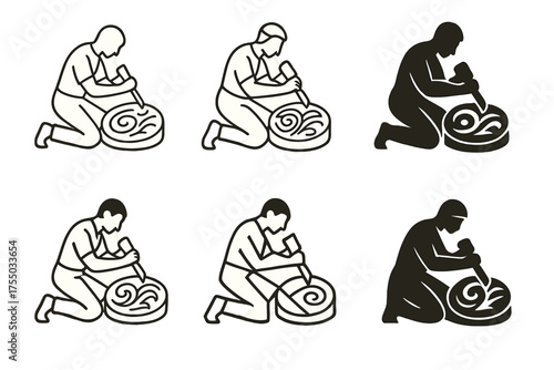 Artisan Logo Variations. Tourism to explore local artisans and craftsmen. Set Logo of Tourism to explore local artisans and craftsmen: Woodcarver chisel