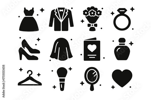 Wedding Essentials Icons. Wedding essentials. Solid icons set of Wedding essentials: wedding dress, suit, bouquet, ring, shoes, veil, invitation card, perfume