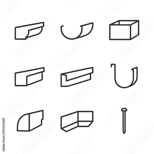 Gutter Profiles Icons. Outline icon set of gutter profiles: K-style gutter, half-round gutter, box gutter, seamless gutter, fascia