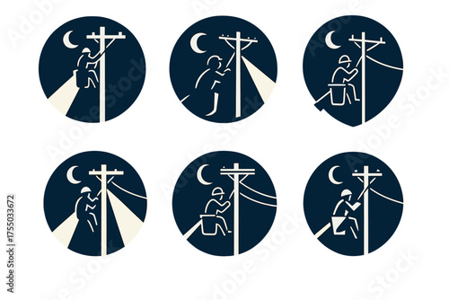 Power Line Repair Logos. Electrical line installers repairing power lines. Set Logo of Electrical line installers repairing power lines: crew working at night