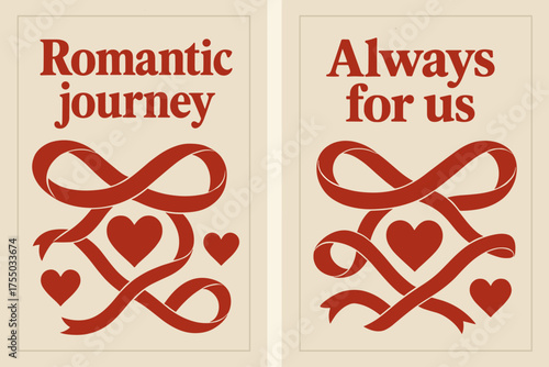 Romantic Journey Banners. Romantic journey. Two vertical A6 banners with safe margins, centered composition, no elements touching edges, retro, red and beige,