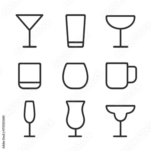 Cocktail Glassware Icons. Outline icon set of cocktail glassware: martini glass, highball glass, coupe glass, rocks glass,