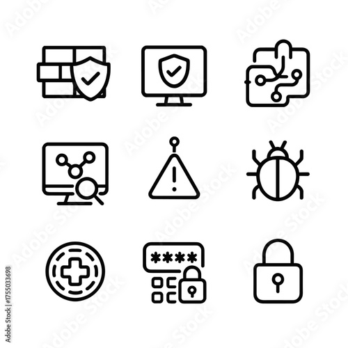 Cybersecurity Icon Set. Outline icon set of cyberterrorism prevention: firewall shield, antivirus software, encryption lock,