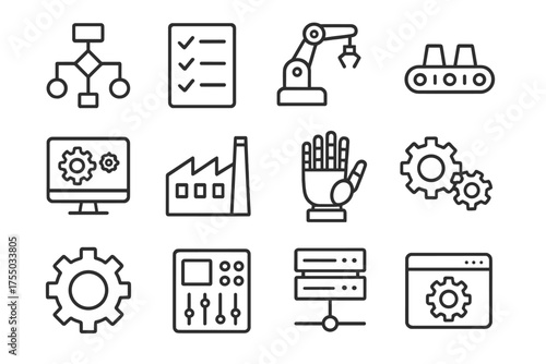 Process Optimization Icons. Process optimization. Line icon set of Process optimization: workflow chart, checklist, robot arm, conveyor belt, computer monitor,