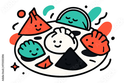 Abstract Dumpling Artistry. Dumpling Variety. Plate with multiple abstract geometric dumplings, floating garnish shapes, playful culinary art composition.