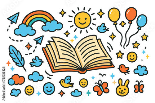 Whimsical Storybook Dreams. Flying Book. Colorful Hand-drawn doodle Children illustration book, clouds, rainbow, stars, sun, moon, pages fluttering, birds,