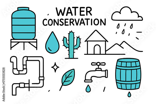Water Conservation Icons. Water Conservation. Hand-drawn doodle illustration water tank (colored), droplet (colored), cactus, pipe system (colored), desert