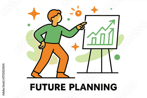 Visionary Chart Insights. Future Planning. A glowing person pointing to a chart with upward arrows, abstract floating spark and star shapes symbolizing vision.