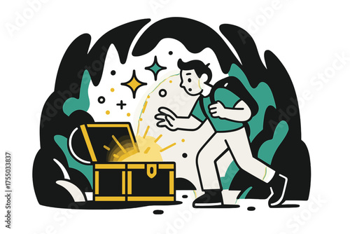Mystical Cave Treasure. Cave Discovery. A glowing treasure chest inside a dark cave, abstract floating spark and star icons symbolizing mystery. Modern