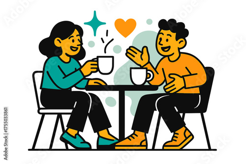 Warm Coffee Encounters. Coffee Chat. Two glowing friends sitting at a cafe table with cups in hand, abstract floating spark and heart icons symbolizing warmth.