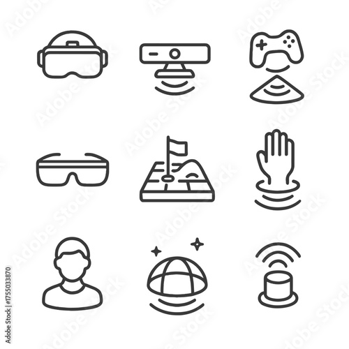 Holographic Gaming Icons. Outline icon set of holographic gaming interfaces: VR headset, motion sensor, hologram joystick, AR