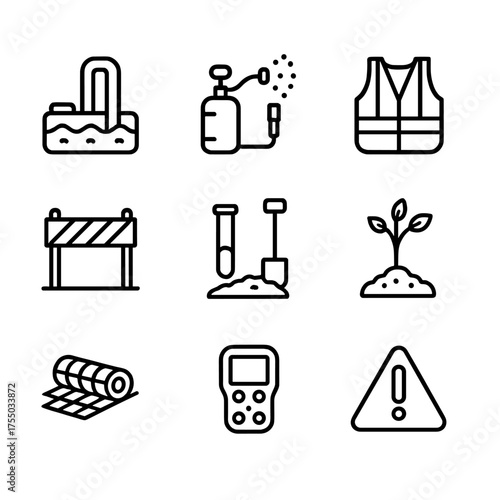 Environmental Safety Icons. Outline icon set of Environmental safety and reclamation: water treatment facility, dust suppression