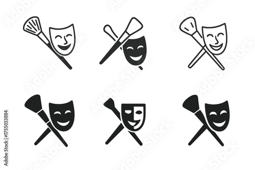 Theatrical Makeup Logos. Makeup for Stage Performance. Set Logo of Makeup for Stage Performance: makeup brush with theatrical mask. harmonious logo variations