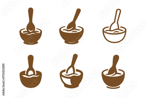 Stew Logo Variations. Making stew. Set Logo of Making stew: wooden spoon stirring. harmonious logo variations of the same emblematic concept, each with