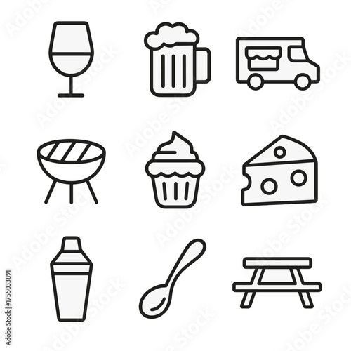 Food Festival Icons. Outline icon set of food and drink festivals: wine glass, beer mug, food truck, grill, cupcake, cheese wedge,