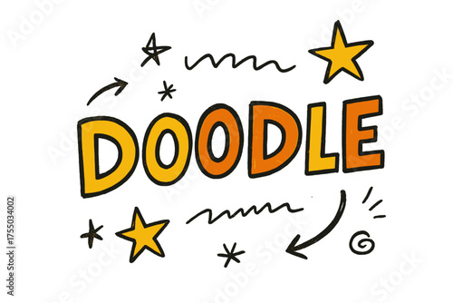 Playful Doodle Design. Doodle / Sketch with playful hand-drawn letters, rough sketch outlines, arrows, stars, casual youthful layout, # #FF7B00 #FFD500
