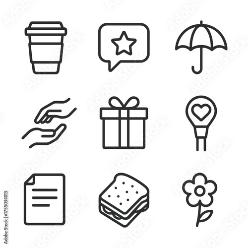 Everyday Kindness Icons. Outline icon set of Random acts of everyday kindness: coffee cup, compliment speech bubble, helping hand,