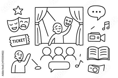 Interactive Theater Scene. Interactive performance. Hand-drawn doodle illustration interactive performance actor, audience, mask, star, speech
