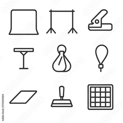 Green Screen Icon Set. Outline icon set of green screen accessories: chroma key backdrop, backdrop stand, seam clamp, frame