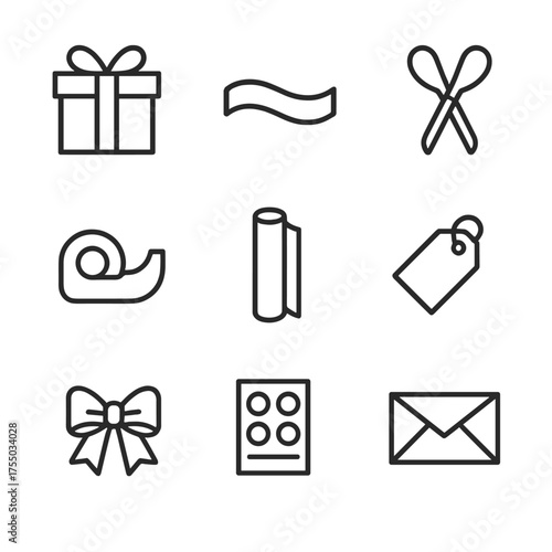 Gift Wrapping Essentials. Outline icon set of gift wrapping essentials: gift box, ribbon, scissors, tape dispenser, wrapping paper
