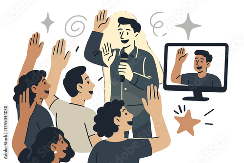 Interactive Engagement Scene. Interactive sessions. Glowing facilitator standing with microphone as both live audience and video call attendees raise hands.