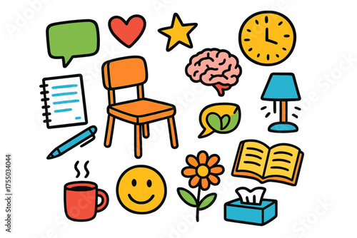 Colorful Counseling Doodles. Counseling. Colorful Hand-drawn doodle Children illustration chair, notebook, pen, speech bubble, heart, star, smiley face, brain,