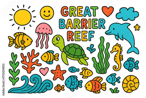 Colorful Marine Doodles. Great Barrier Reef. Colorful Hand-drawn doodle Children illustration coral, fish, turtle, starfish, jellyfish, seaweed, wave, sun,