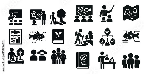 Environmental education solid icons set – nature, learning, conservation symbols