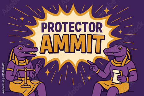 Protector Ammit Banner. Protector Ammit banner, flat vector illustration, bold oversized text inside comic burst, cartoon characters sitting and pointing,