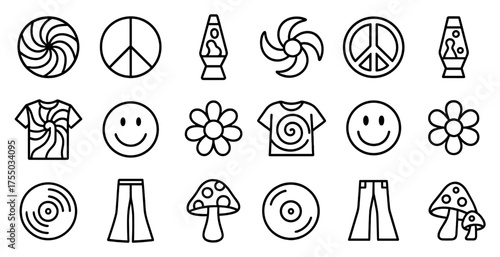 Retro and psychedelic outline icons set – peace symbols and groovy line art