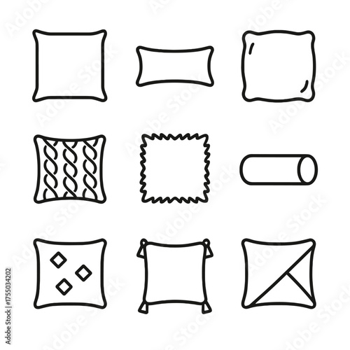 Decorative Pillow Icons. Outline icon set of decorative throw pillows: square pillow, lumbar pillow, velvet cushion, knitted